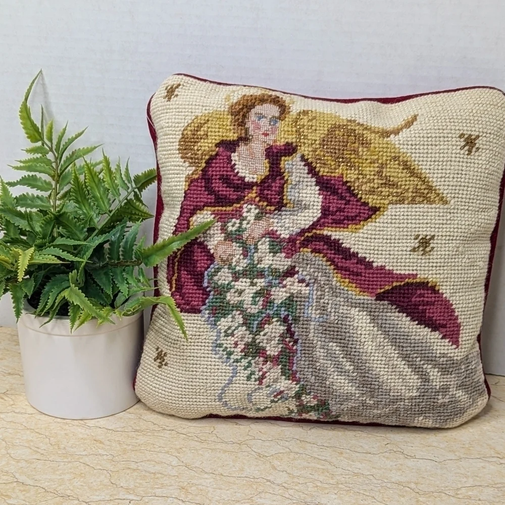 Vintage Style Needlepoint Christmas Holiday Angel Small Wool Pillow NWT